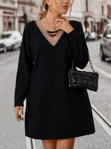 SHEIN LUNE Plus Contrast Trim Crisscross Front Sweater Dress - Black - View 5