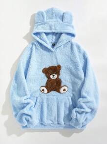 SHEIN EZwear 小熊刺繡 3D 耳朵設計落肩泰迪連帽衫 - 藍色 - 查看 6