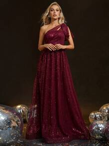 One Shoulder Knot Side Sequin Formal Dress - Burgundy - View 1