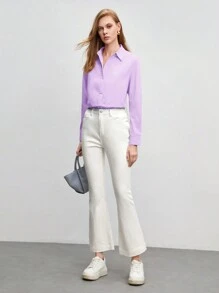 BizChic Jednolity Guziki z przodu Koszula - Liliowy fioletowy - Zobacz 6