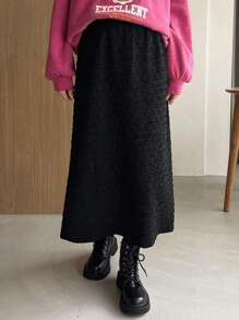 FRIFUL 女士纯黑色纹理泡泡面料弹力腰无口袋直筒半身裙，百搭显瘦