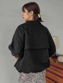 FRIFUL 插肩袖抽繩下擺抽繩下擺拉鍊按扣連帽夾克 - 黑色 - 查看 2