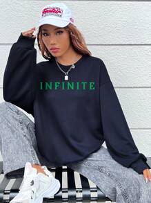 STROM NIGHT 艺术家字母图案落肩运动衫，适合假期、冬季、度假、节日 - 藏蓝色 - 查看 5