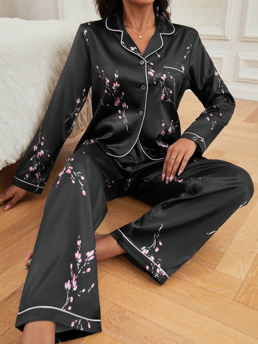 花卉印花撞色滚边缎面睡衣套装/睡衣套装 - 黑色 - 查看 1