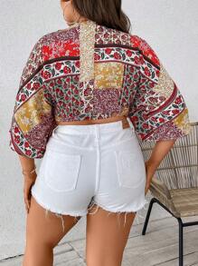 SHEIN VCAY Plus Floral Print Batwing Sleeve Knot Front Crop Blouse - Multicolor - View 3