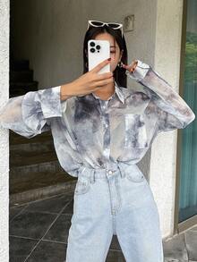 DAZY Tie Dye Drop Shoulder Shirt - Dusty Blue - View 5