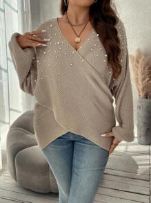 SHEIN Clasi Plus Pearls Beaded Crossover Drop Shoulder Sweater, For Winter - Khaki - View 6