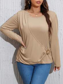 SHEIN LUNE 大碼素色褶邊圓環細節圍裹T恤 - 卡其色 - 查看 3