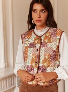 SHEIN Frenchy 秋冬拼布印花撞色绑带背心棉服外套 - 彩色 - 查看 4