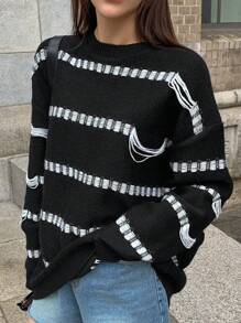 DAZY Striped Pattern Drop Shoulder Sweater,Fall Women Clothes - Black and White - View 2