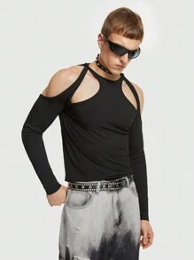 ROMWE MEN ROMWE Avant Các bạn Vai lạnh Cắt ra Đồ đan Ribbed Áo thun - màu đen - Xem 4