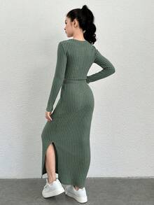 青少年女孩素色T恤和高衩半身裙 - 綠色 - 查看 8