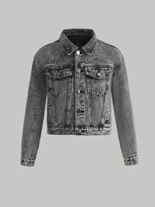 男大童翻蓋口袋牛仔夾克 - 深灰色 - 查看 1