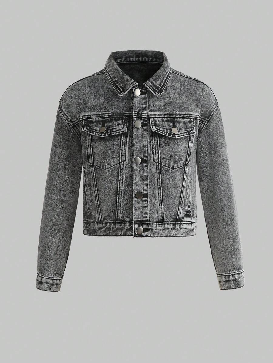 男大童翻蓋口袋牛仔夾克 - 深灰色 - 查看 1