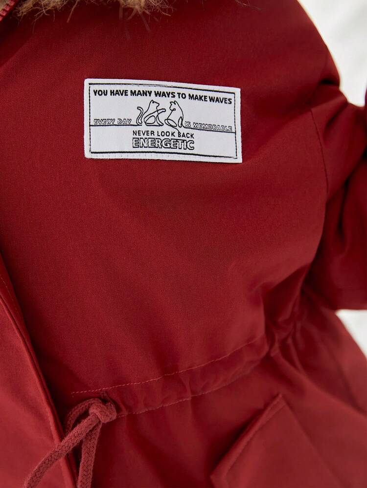 Young Girl Fuzzy Trim Hooded Thermal Lined Coat - Red - View 6