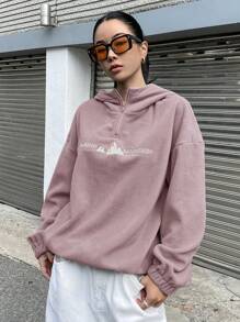 DAZY Mountain & Letter Embroidery Drop Shoulder Hoodie,Fall Women Clothes Sweatshirt - Pink - View 4