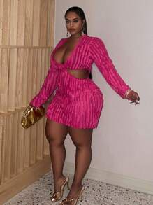 Slaydiva Slayr 大码度假和优雅性感派对迷你连衣裙，纯粉色，低胸领口，镂空腰部，透明面料 - 玫紅色 - 查看 3