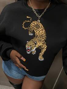 Slaydiva 女士宽松超大落肩虎纹豹纹卫衣 - 黑色 - 查看 6