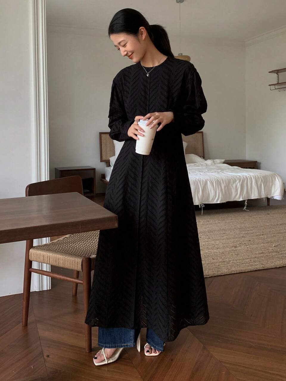 Solid Zip Up A-Line Dress,Fall Dress Long Sleeve Dress