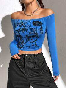 SHEIN Unity Camiseta crop con estampado de figura y slogan de hombros descubiertos - Azul - Ver 1