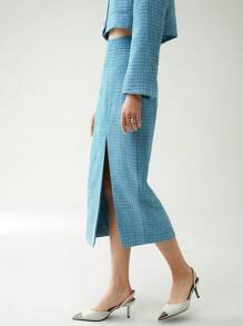 Chiquease High Waist Split Thigh Tweed Skirt - Blue - View 7