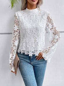 SHEIN Privé 小高領提花蕾絲襯衫 - 白色 - 查看 1