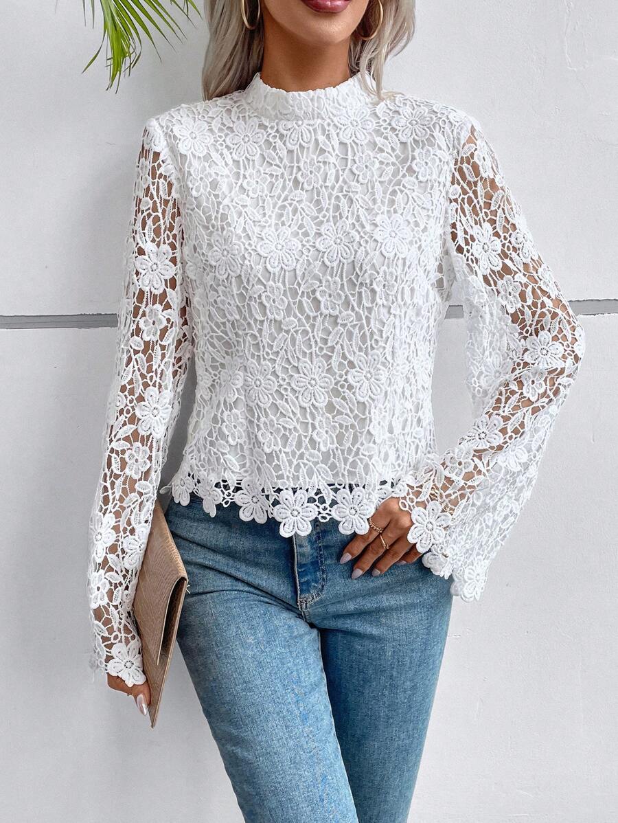 SHEIN Privé 小高領提花蕾絲襯衫 - 白色 - 查看 1