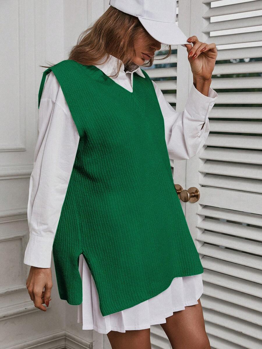 EURMUSE Solid Slit Hem Sweater Vest Without Blouse - Green - View 1