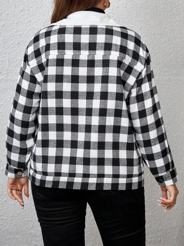 Plus Plaid Print Borg Collar Flap Pocket Jacket