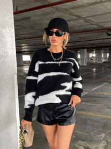 SHEIN Essnce Graphic Pattern Drop Shoulder Sweater - Black and White - View 6