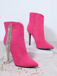 SHUZIA Faux Suede Rhinestone Fringe Detail Stiletto Heel Booties - Hot Pink - View 2