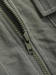 FRIFUL Two Tone Flap Pocket Drop Shoulder Zipper Jacket,Fall Clothes - Green - View 4