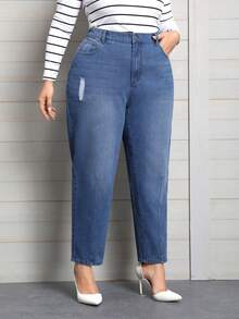 SHEIN Privé Plus Zipper Fly Tapered Jeans - Blue - View 3