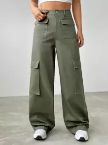 SHEIN EZwear Flap Pocket Side Cargo Pants - Army Green - View 1