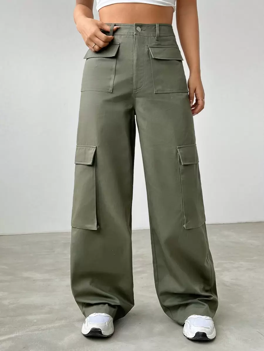 SHEIN EZwear Flap Pocket Side Cargo Pants - Army Green - View 1