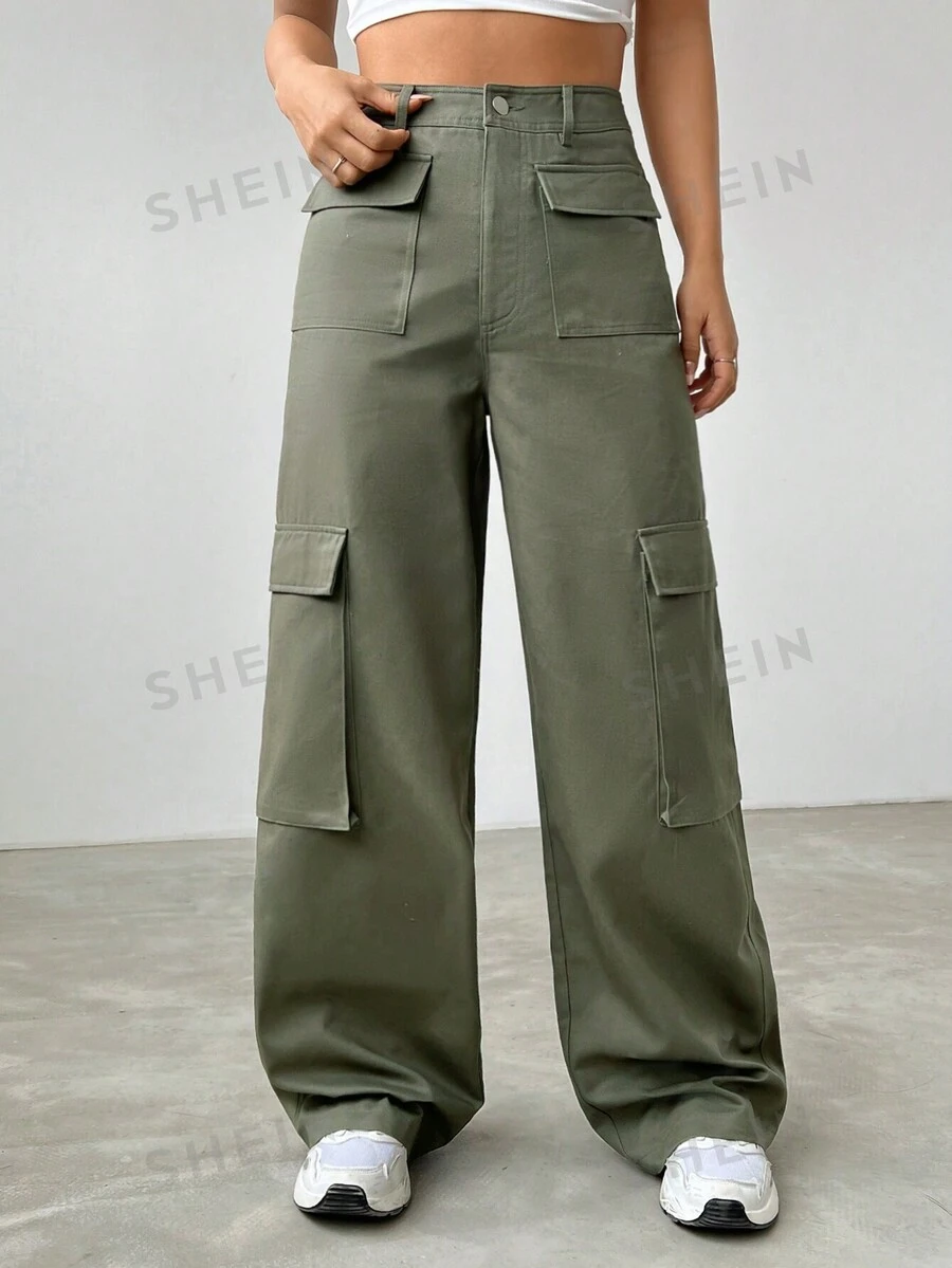 SHEIN EZwear Cargo Hose mit seitlichen Pattentaschen, - Armeegrün - Übersicht 1