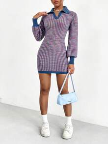 SHEIN Unity Space Dye Contrast Trim Sweater Dress - Blue - View 5