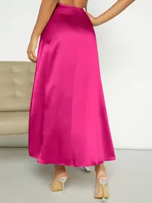 SHEIN Privé Solid Satin A-line Longline Satin Skirt - Hot Pink - View 2