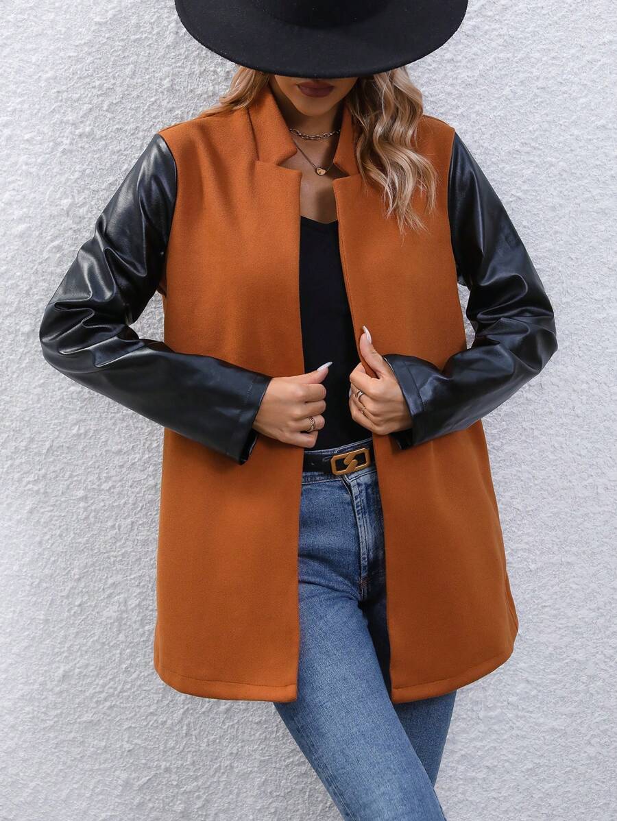 SHEIN LUNE 拼接PU皮革開門襟外套 - 棕色 - 查看 1