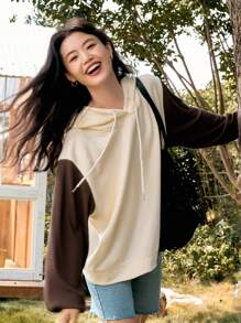 DAZY Áo hoodie dây rút hở vai phối màu, quần áo mùa thu - Nhiều màu - Xem 4