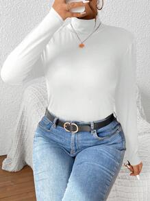 SHEIN CURVE+ Camiseta de punto de cuello alto ajustada de talla grande de color liso acanalado