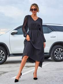 RueChic Contrast Mesh Lantern Sleeve Dress Without Belt - Black - View 4