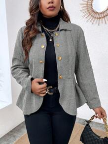 Calvaya Plus Herringbone Peplum Hem Overcoat - Black and White - View 6