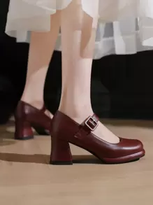 女性性感&時尚瑪麗珍鞋帶高跟鞋,紅色的方頭高跟鞋 - 酒紅色 - 查看 4