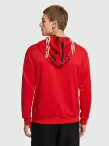 ROMWE MEN ROMWE Avant Guys Skeleton Print Hoodie, Halloween - Red - View 3