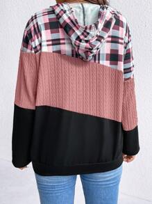 SHEIN LUNE 加大码格子印花撞色抽绳卫衣 - 粉色 - 查看 2