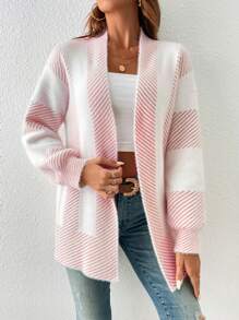 SHEIN Frenchy 条纹落肩开衫 - 粉色 - 查看 4