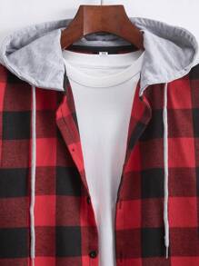 Hombres Camisa con estampado de guingán con cordón con capucha - Rojo - Ver 4