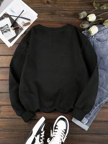 SHEIN Unity 標語圖案加絨內裏運動衫 - 黑色 - 查看 2