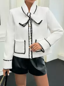 SHEIN Privé Contrast Trim Pocket Patched Button Front Overcoat - Beige - View 4